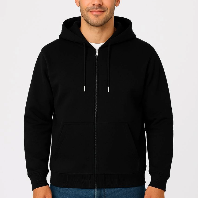 Üç İplik Kapüşonlu Tam Fermuarlı Kanguru Çepli SweatShirt Hoodie - Siyah -