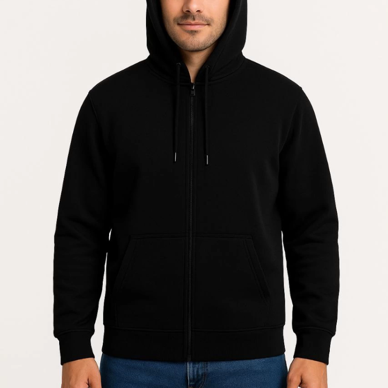 Üç İplik Kapüşonlu Tam Fermuarlı Kanguru Çepli SweatShirt Hoodie - Siyah -