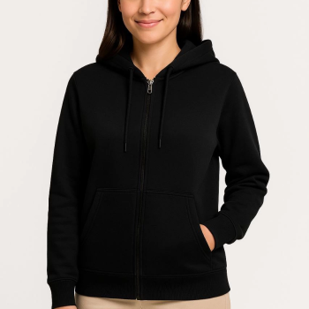 Üç İplik Kapüşonlu Tam Fermuarlı Kanguru Çepli SweatShirt Hoodie - Siyah -