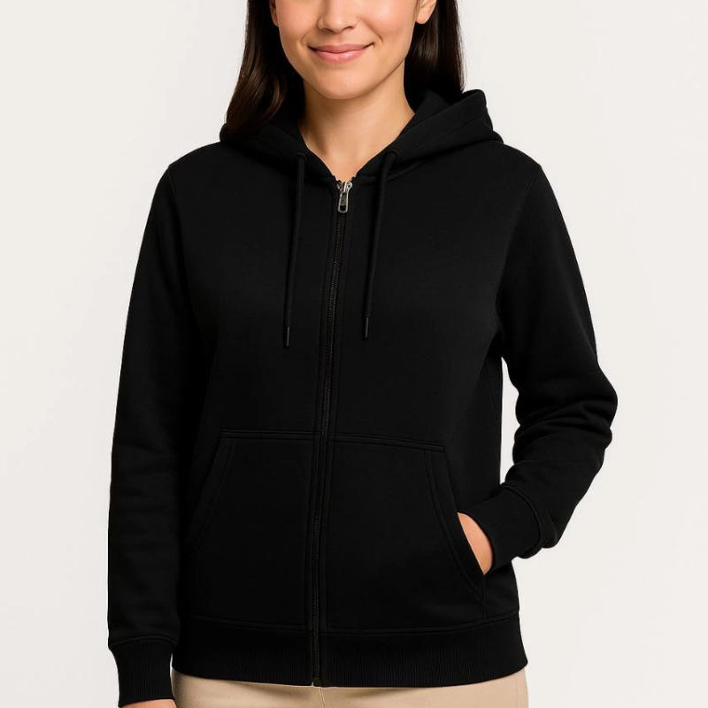 Üç İplik Kapüşonlu Tam Fermuarlı Kanguru Çepli SweatShirt Hoodie - Siyah -