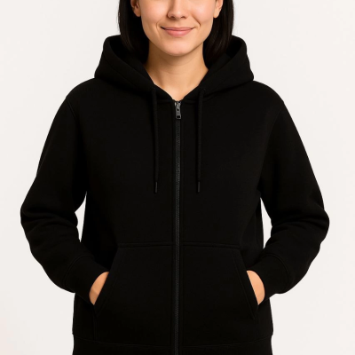 Üç İplik Kapüşonlu Tam Fermuarlı Kanguru Çepli SweatShirt Hoodie - Siyah -