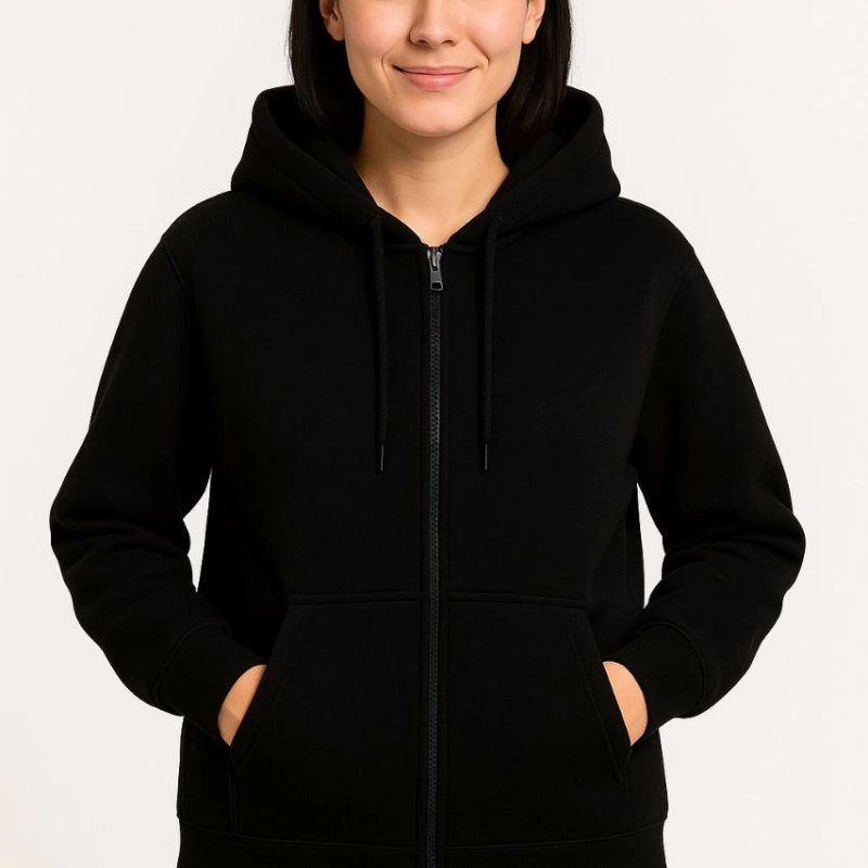 Üç İplik Kapüşonlu Tam Fermuarlı Kanguru Çepli SweatShirt Hoodie - Siyah -