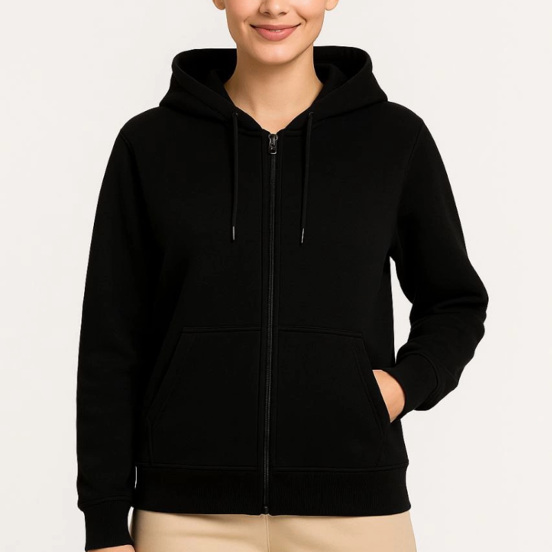 Üç İplik Kapüşonlu Tam Fermuarlı Kanguru Çepli SweatShirt Hoodie - Siyah -