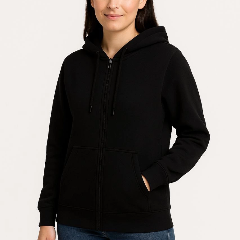 Üç İplik Kapüşonlu Tam Fermuarlı Kanguru Çepli SweatShirt Hoodie - Siyah -