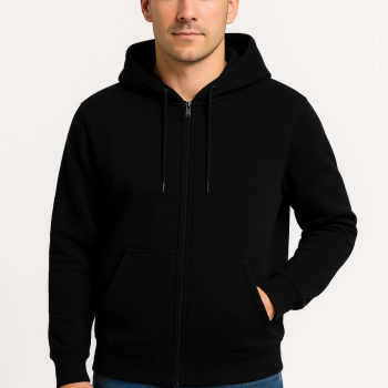 Üç İplik Kapüşonlu Tam Fermuarlı Kanguru Çepli SweatShirt Hoodie - Siyah -