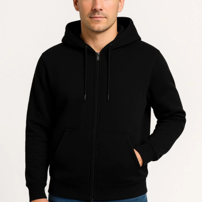 Üç İplik Kapüşonlu Tam Fermuarlı Kanguru Çepli SweatShirt Hoodie - Siyah -