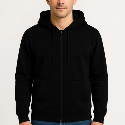 Üç İplik Kapüşonlu Tam Fermuarlı Kanguru Çepli SweatShirt Hoodie - Siyah -