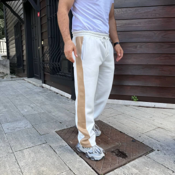 Üç İplik Kışlık Pamuklu Yandan Garneli Kalın Bej Şeritli Cepli Eşofman Altı - Beyaz