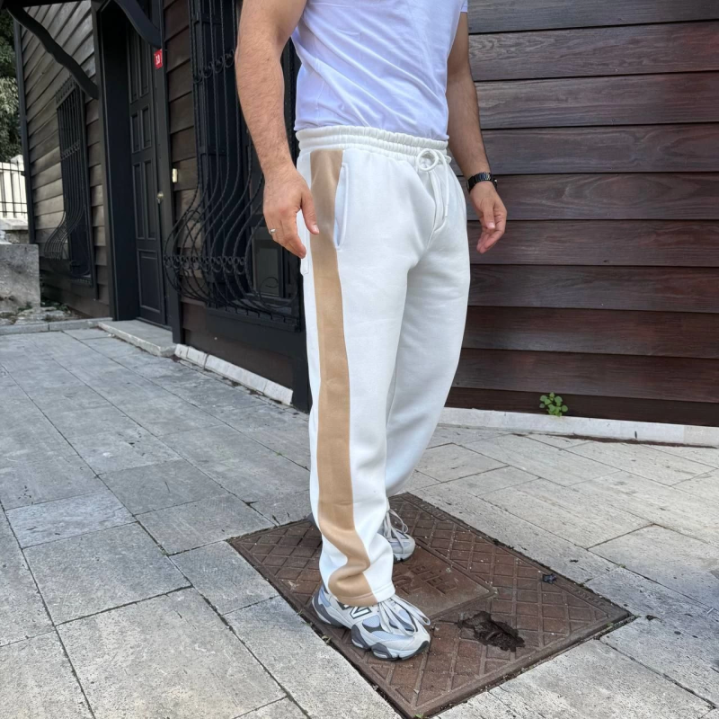 Üç İplik Kışlık Pamuklu Yandan Garneli Kalın Bej Şeritli Cepli Eşofman Altı - Beyaz