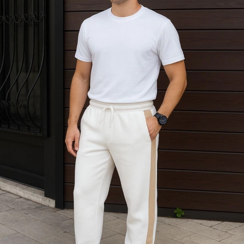 Üç İplik Kışlık Pamuklu Yandan Garneli Kalın Bej Şeritli Cepli Eşofman Altı - Beyaz