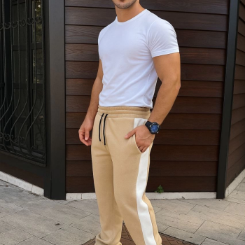 Üç İplik Kışlık Pamuklu Yandan Garneli Kalın Şeritli Cepli Eşofman Altı - Bej