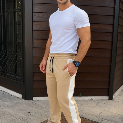 Üç İplik Kışlık Pamuklu Yandan Garneli Kalın Şeritli Cepli Eşofman Altı - Bej