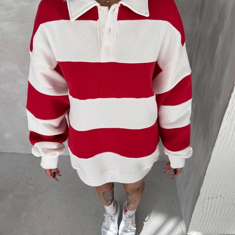 Üç İplik Parçalı Yakalı SweatShirt - Kırmızı -