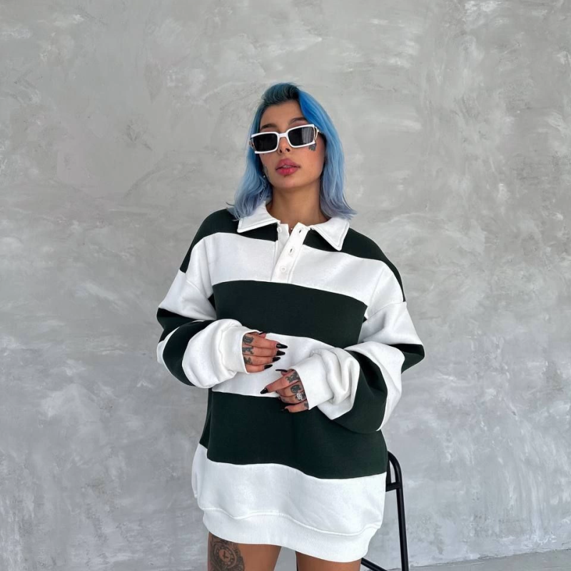 Üç İplik Parçalı Yakalı SweatShirt - Yeşil