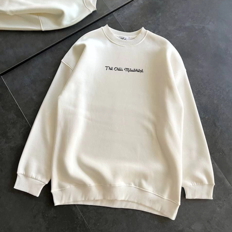 Üç İplik Penye Bisiklet Yaka Baskılı SweatShirt - Beyaz