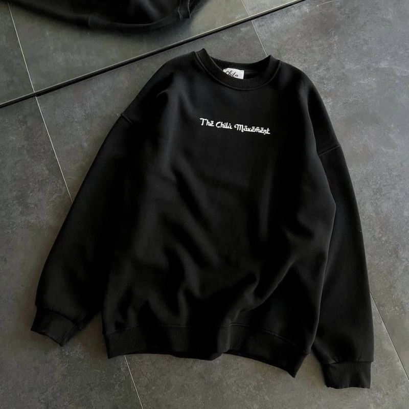 Üç İplik Penye Bisiklet Yaka Baskılı SweatShirt - Siyah