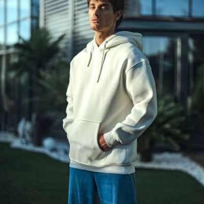 Üç İplik Penye Kapşonlu Basic SweatShirt - Beyaz