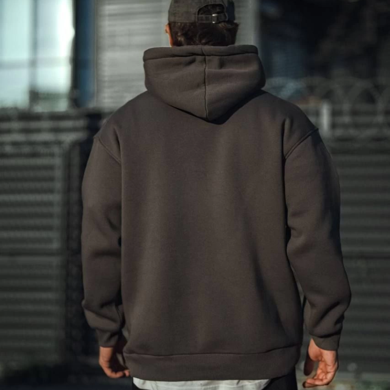 Üç İplik Penye Kapşonlu Basic SweatShirt - Füme -