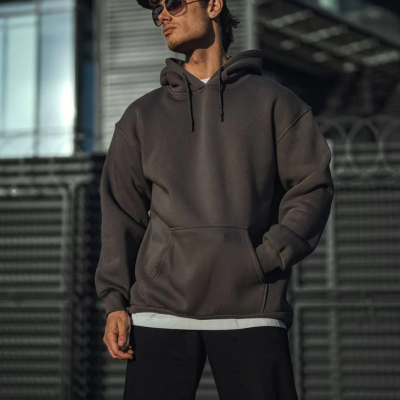 Üç İplik Penye Kapşonlu Basic SweatShirt - Füme -