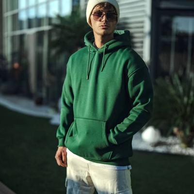 Üç İplik Penye Kapşonlu Basic SweatShirt - Haki -