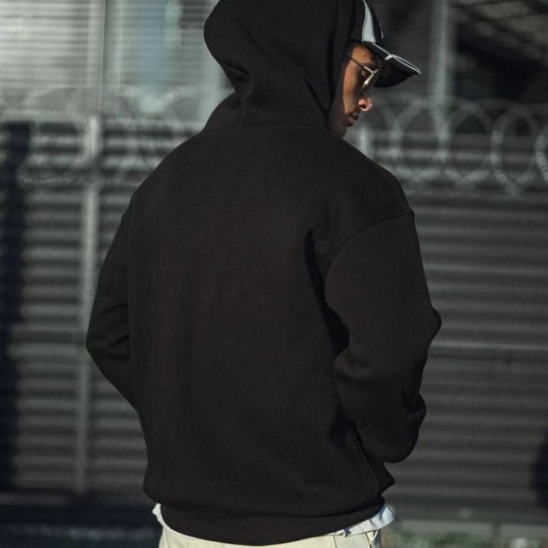 Üç İplik Penye Kapşonlu Basic SweatShirt - Siyah -