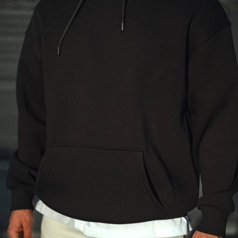 Üç İplik Penye Kapşonlu Basic SweatShirt - Siyah -