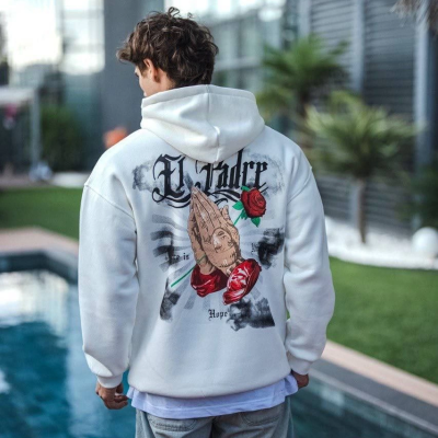 Üç İplik Penye Kapşonlu Baskılı SweatShirt - Beyaz -