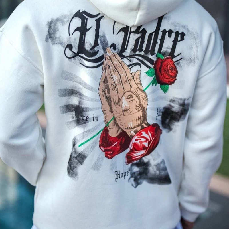 Üç İplik Penye Kapşonlu Baskılı SweatShirt - Beyaz -