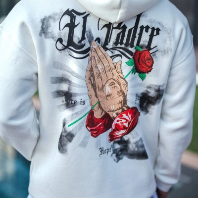 Üç İplik Penye Kapşonlu Baskılı SweatShirt - Beyaz -