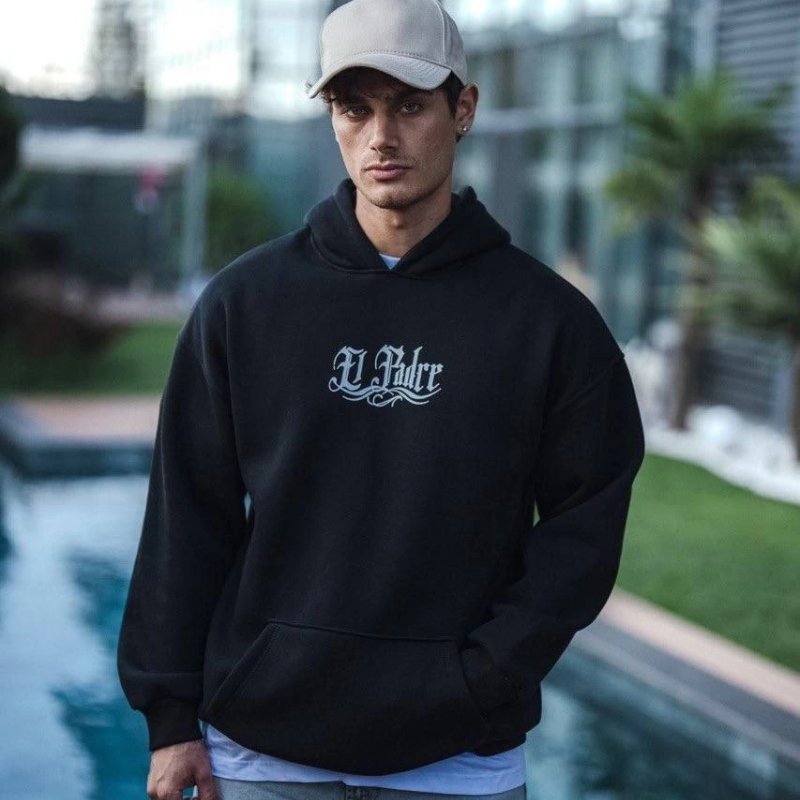 Üç İplik Penye Kapşonlu Baskılı SweatShirt - Siyah -