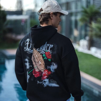 Üç İplik Penye Kapşonlu Baskılı SweatShirt - Siyah -