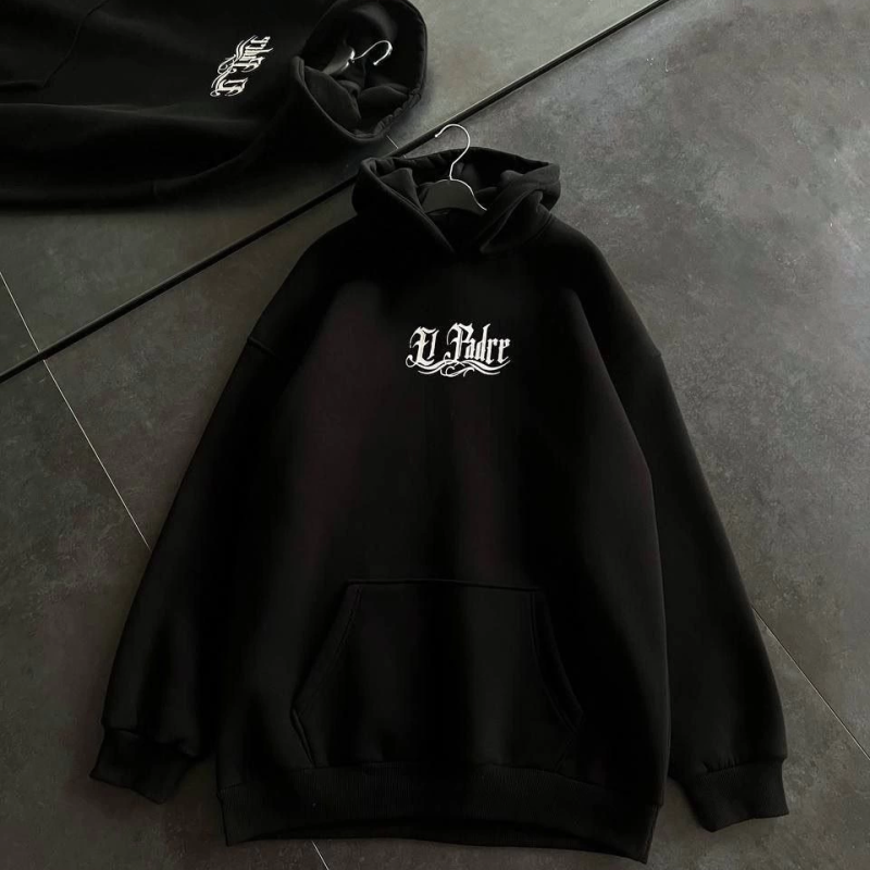 Üç İplik Penye Uzun Kol Kapşonlu Baskılı SweatShirt - Siyah -