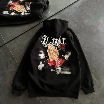 Üç İplik Penye Uzun Kol Kapşonlu Baskılı SweatShirt - Siyah -