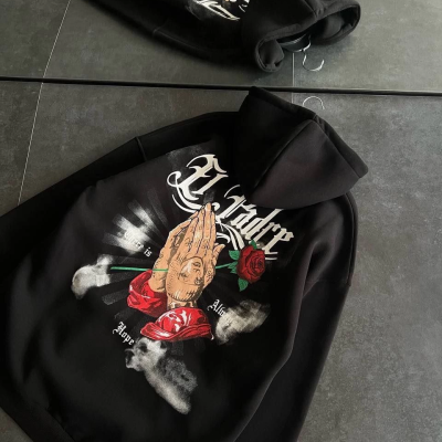 Üç İplik Penye Uzun Kol Kapşonlu Baskılı SweatShirt - Siyah -