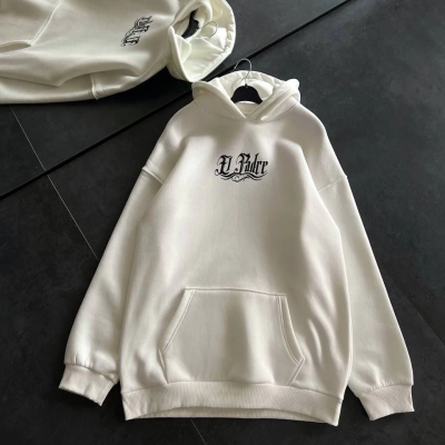 Üç İplik Penye Uzun Kol Kapüşonlu Baskılı SweatShirt - Beyaz -