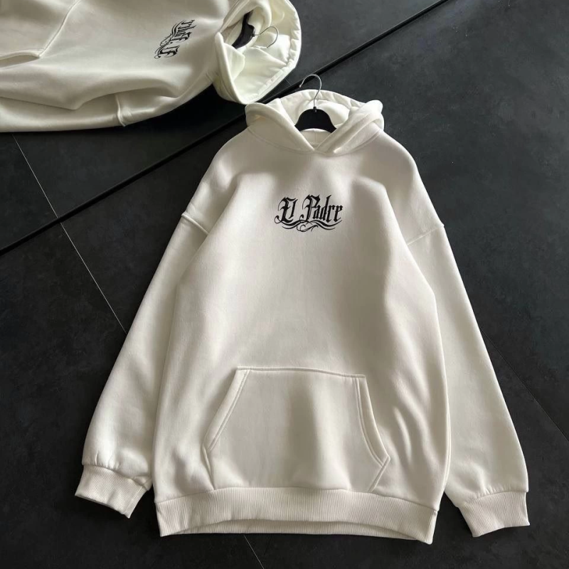 Üç İplik Penye Uzun Kol Kapüşonlu Baskılı SweatShirt - Beyaz -