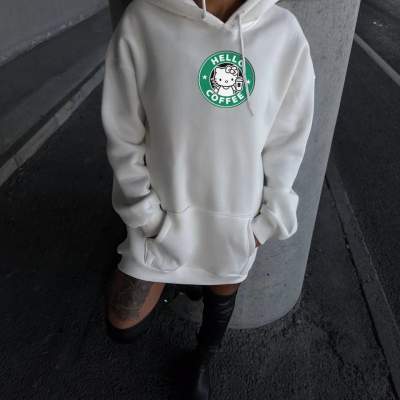 Üç İplik Penye Uzun Kol Kapüşonlu SweatShirt - Beyaz -