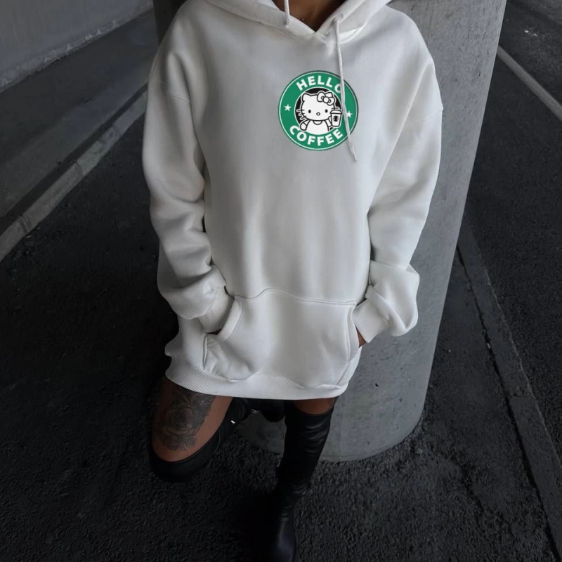 Üç İplik Penye Uzun Kol Kapüşonlu SweatShirt - Beyaz -