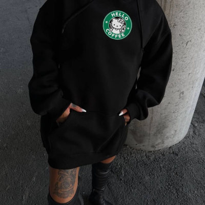 Üç İplik Penye Uzun Kol Kapüşonlu SweatShirt - Siyah -