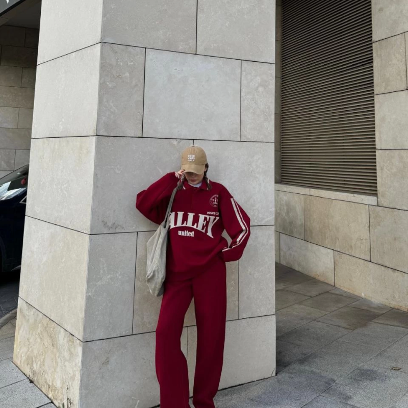 Üç İplik Yakalı Sweat Baggy Pantalonlu Takım - Bordo