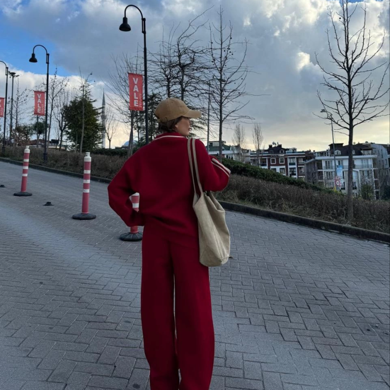 Üç İplik Yakalı Sweat Baggy Pantalonlu Takım - Bordo