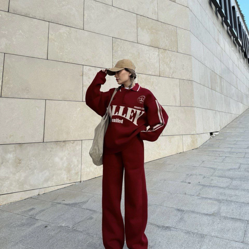 Üç İplik Yakalı Sweat Baggy Pantalonlu Takım - Bordo