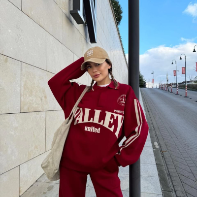 Üç İplik Yakalı Sweat Baggy Pantalonlu Takım - Bordo