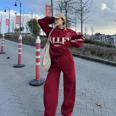 Üç İplik Yakalı Sweat Baggy Pantalonlu Takım - Bordo