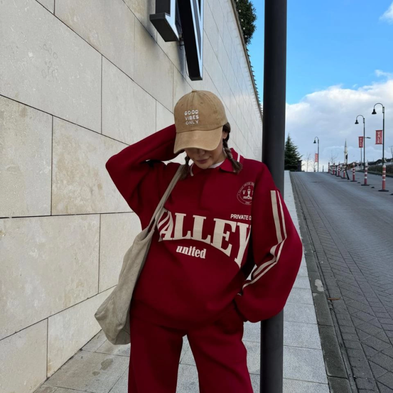 Üç İplik Yakalı Sweat Baggy Pantalonlu Takım - Bordo