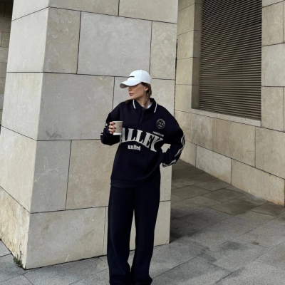 Üç İplik Yakalı Sweat Baggy Pantalonlu Takım - Siyah -