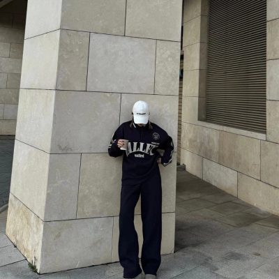 Üç İplik Yakalı Sweat Baggy Pantalonlu Takım - Siyah -