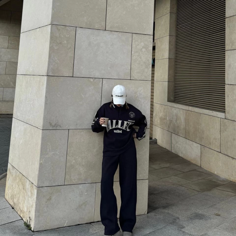 Üç İplik Yakalı Sweat Baggy Pantalonlu Takım - Siyah -