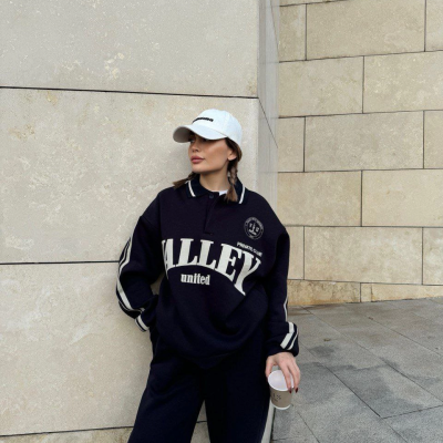 Üç İplik Yakalı Sweat Baggy Pantalonlu Takım - Siyah -