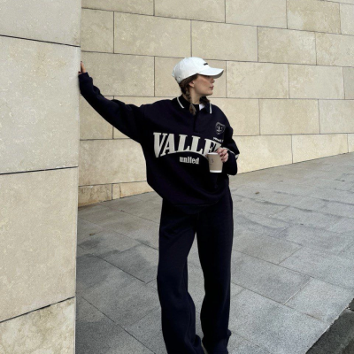 Üç İplik Yakalı Sweat Baggy Pantalonlu Takım - Siyah -